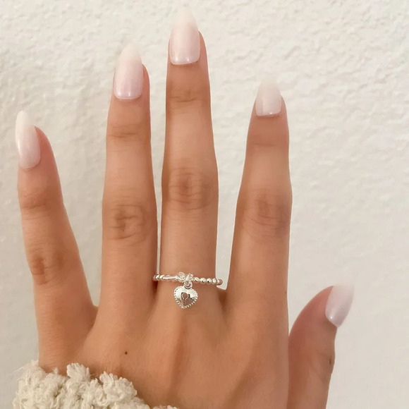 925 Sterling Silver Dangle Heart Lock & Key Ring Cute Dainty Ring Thin Bead Ring - Picture 2 of 7